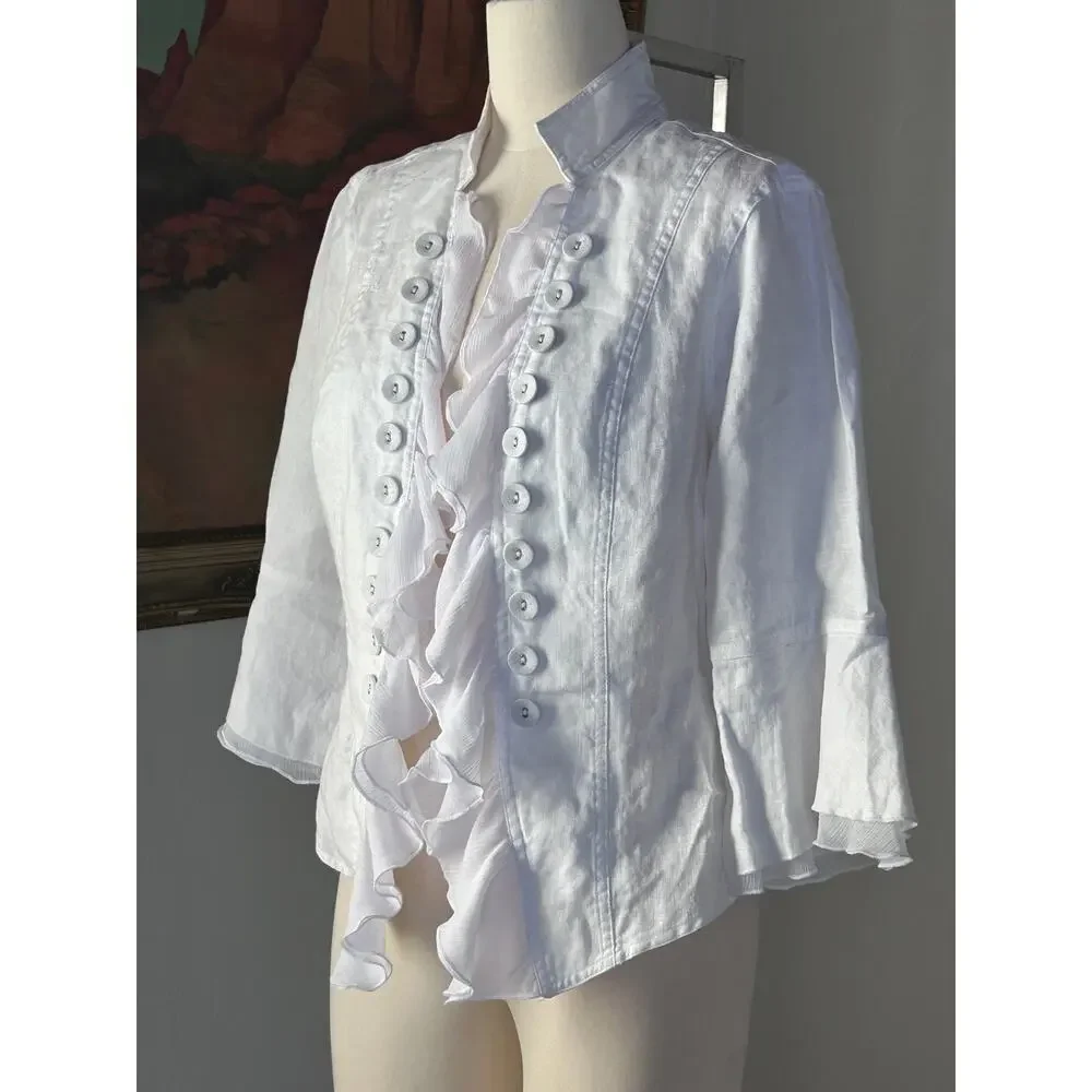 White Linen Band Jacket Women M Ruffle Bell Sleeve Gothic Romantic Victorian